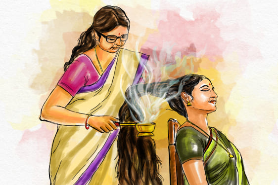 Sambrani being used for dry hair